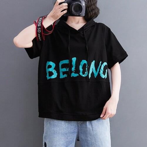 Plus Size Casual Drawstring Hooded T Shirt Short Sleeve Fashion Letter Printed T-Shirt Womens Streetwear Black Tops Clothes 2021