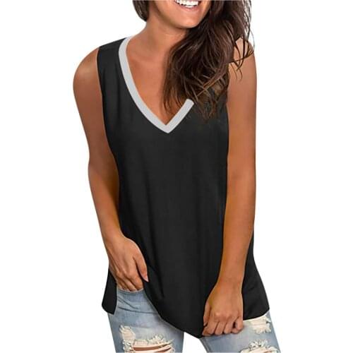 Summer Ladies Sexy Vest Womens V-neck Color Blocking Pullover Loose Sleeveless Vest Casual T-shirt Blusa Feminina Mujer