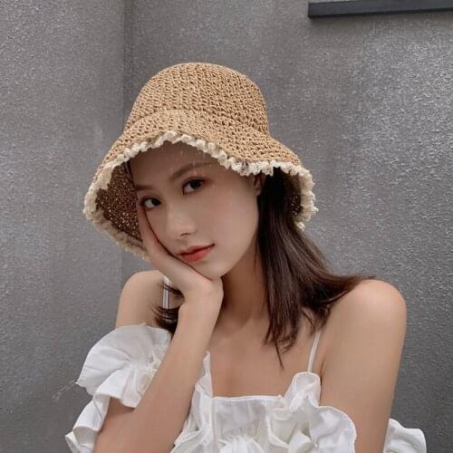 2021 Summer Simple solid color Handmade Weave Straw Sun Hats For Women Lace Up Large Brim Straw Hat Outdoor Beach Summer Caps