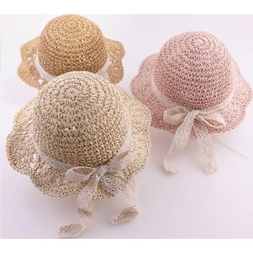Summer Straw Hat for Toddler Girls Lace Beach Baby Girl Umbrella Breathable Sun Hats with Big Brim Sunshade for Children Travel