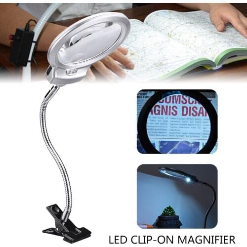 With LED Lamp Magnifier Clip-on Table Top Desk LED Reading Large Lens Illuminated Magnifying Glass Flexible Desk Lamp