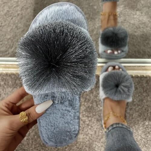 Tassel Slippers Women Home Fluffy Sliders Plush Furry Summer Flats Sweet Slippers Ladies Shoes Cute Pantufas Home Slides