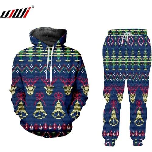 UJWI Mens Tracksuit Zipper 2020 Spring Sets Christmas Casual Set 3D Print 2 Piece Hoodies Sweatshirt Pant Suit Festival Clothes