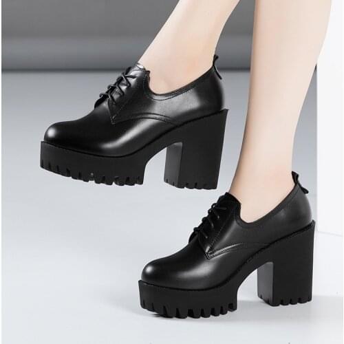Plus Size 32-43 Block Heel Platform Pumps Women Shoes 2021 Fall Winter High heels Shoes Ladies Oxford Leather Shoes for Work
