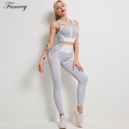 Fanceey Women Tracksuit 2pcs Athletic Yoga Sets Women Gym Clothes High Waist Leggings Crop Top Suit for Fitness Women Sportswear