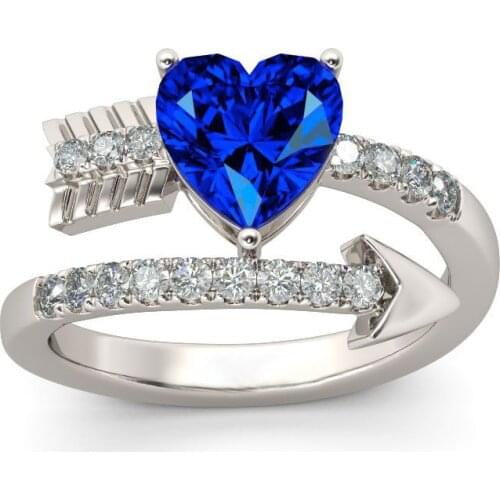 Simple Trendy Cupids Arrow Blue Heart Zircon Promise Ring For Women Silver Color Female Jewelry Engagement Party Valentine Gift