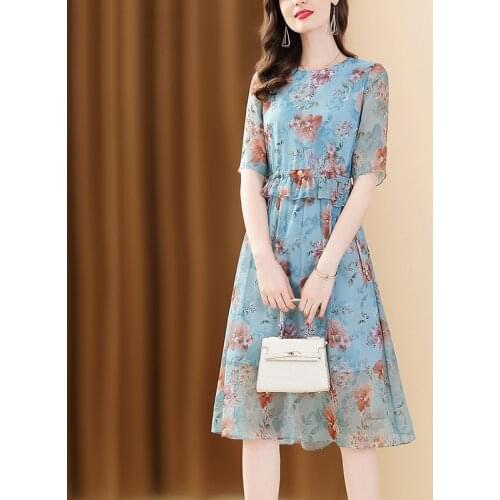 Only Plus 2021 Boho Printed Sweet Ladies dress Blue O-Neck Ruffle Short Sleeve Sashe Casual Summer Vacation Beach Dresses