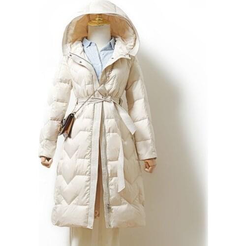 Winter Jacket Long Slim Down Coats Women 2021 Fashion Warm White Duck Down Parka Jacket Womens Hooded Down Coat Jacket With Belt