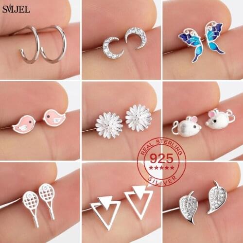 100% 925 Sterling Silver Crystal Crescent Moon Earrings for Women Wedding Jewelry Mini Feather Daisy Flower Earing Child Studs