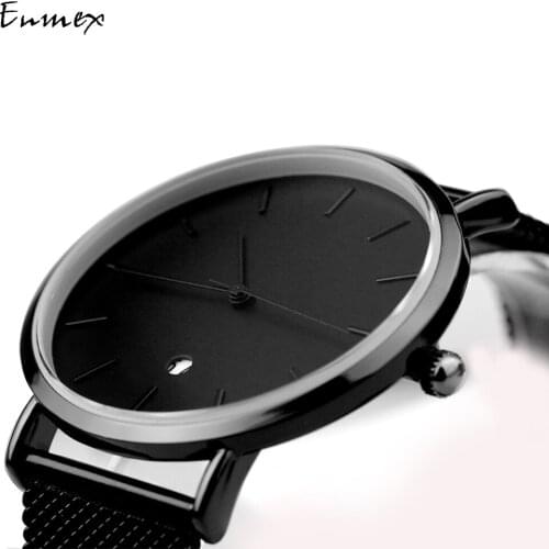 2019 Enmex creative wristwatch cool black charm with calendar casual Stainless steel fashion Stylish clock quartz watch