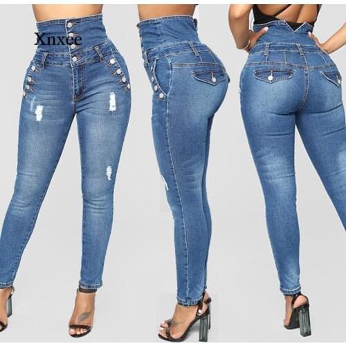 2021 Elastic High Waist Jeans Pencil Pants Slim Single Breasted Women Skinny Frayed Denim Trousers Plus Size Fashion Clothing