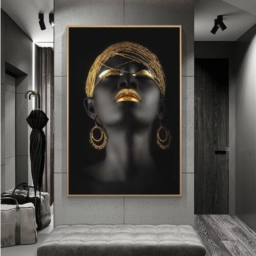 African Sexy Woman Canvas Art Posters And Prints Black Girls with Golden Headdress Canvas Paintings On the Wall Art Pictures