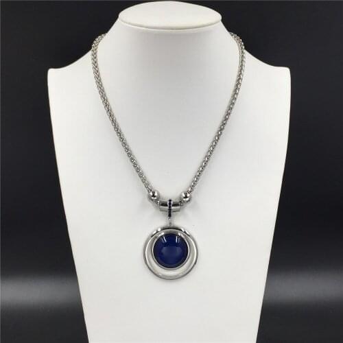 Bohemia Rhodium Color Plating Navy Blue Stone Round Pendant Necklace For Women Girl Sweater Decoration Jewelry