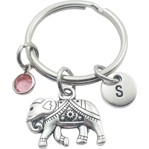 Elephant Animal Initial Letter Monogram Birthstone Keychains Keyring Creative Fashion Jewelry Women Gifts Accessories Pendant