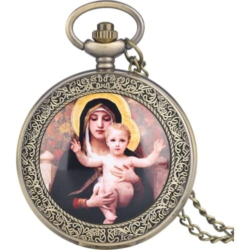 Virgin Mary And Jesus Classic White Dial Chic Back Cover Ancient Big Pocket Watch Carved Pattern Necklace Souvenir Women Female