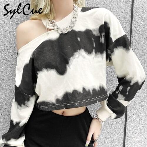 Sylcue Autumn new round neck off-the-shoulder T-shirt diagonal shoulder long sleeve korean fashion hip hop style crop tops cool