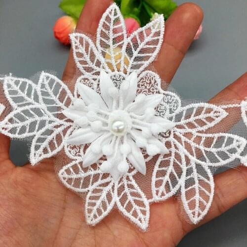 12x Vintage 3D Leaves Flower Pearl Beaded Lace Trim Ribbon Fabric Embroidered Applique Wedding Dress Hat DIY Sewing Craft