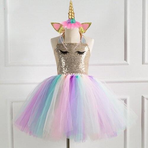 2020 summer kids dresses for girls unicorn princess party Dance show sweet cute evening dress fluffy 2Y-12Y Childrens Colorful