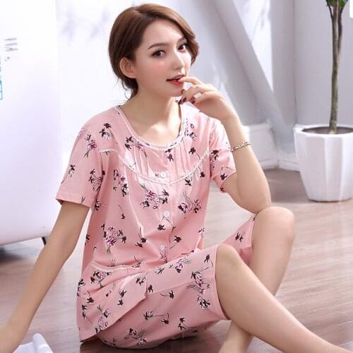 Summer Cardigan Sleep Lounge Small Flower Pajama Sets Plus Size M-4XL Cotton Sleepwear Homewear Pijama Mujer Shorts Pyjama Sets