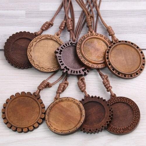 5pcs wood cabochon settings 25mm 30mm inner size blank cameo pendant base trays with leather cord for jewelry making 8D