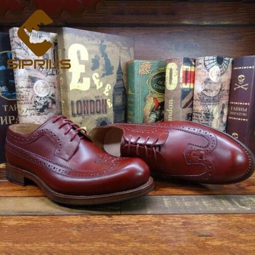 SIPRIKS Mens Wine Red Calfskin Brogues Shoes Italian Handmade Leather Sole Wing Tip Dress Shoes Luxury Brand Gents Suits Social