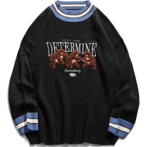Bear Embroidery Spliced Striped Knitted Sweaters Men Streetwear 2020 Vintage Fashion Sweater Harajuku Pullover Casual Knitwear