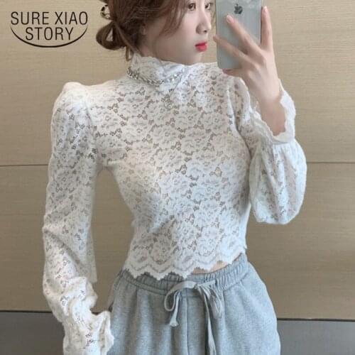 2021 Spring New Casual Women Sexy Shirt Floral Puff Sleeve Lace White Blouse Shirts Turtleneck Short Corset Top Blusas 12710