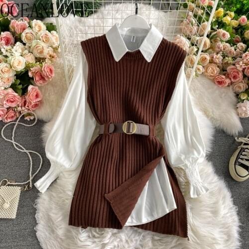 OCEANLOVE Sweater Vest Solid 2 PCS Korean Vintage Women Tops Autumn Winter Ins Fashion Belt All Match Pull Femme 2021 Pullovers