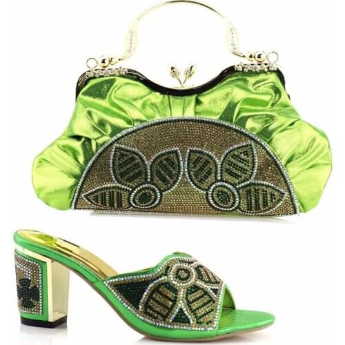 Charming Green Handbag Matching Shoes Set With Rhinestone for African Women Pumps And Bag Set For Dress LY590
