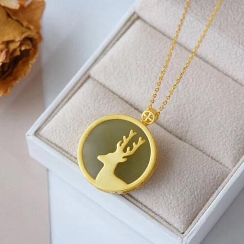 Natural Hetian jade elk Pendant Necklace Chinese style retro palace style unique ancient gold craft womens silver jewelry