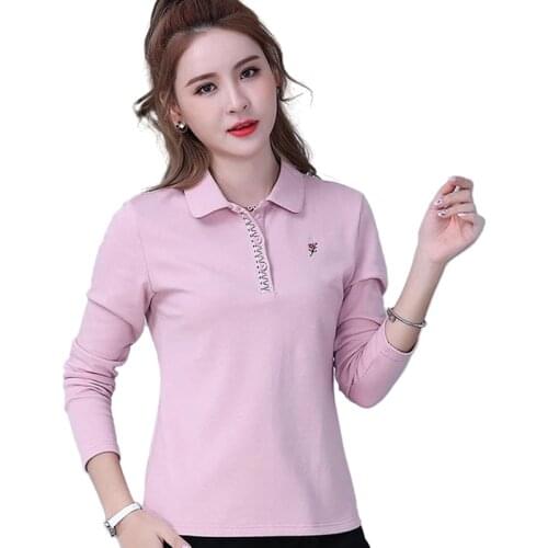 DANCING WINGS Autumn loose large size 100% Cotton women polo shirts long sleeve