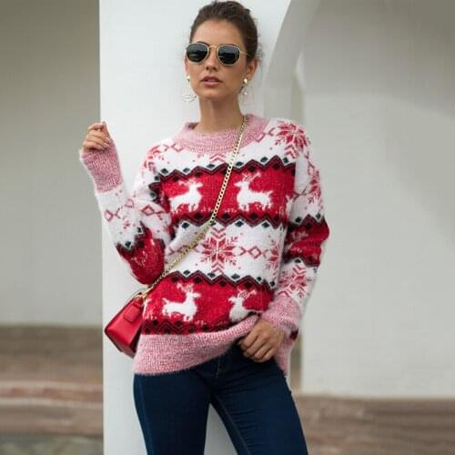 Christmas Sweater Womens Autumn And Winter 2020 New Printed Snowflake Deer Pullover Knitted Warm Indoor Casual Top