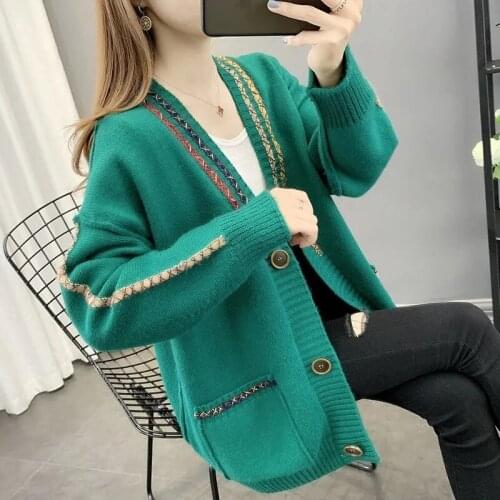 Knitted Cardigan Womens Sweater Coat 2021 New Korean Long Sleeve Tops Spring Autumn Clothing Pocket Jacket Outwear