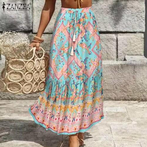 Summer Bohemian Floral Printed Skirts 2021 ZANZEA Women Long Faldas Saia Jupe Casual Elastic Waist Beach Holiday Skirt Robe