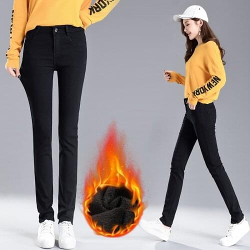 2020 New Winter Warm Pants Woman Luxury Straight Skinny Jeans Female Plus Velvet High Waist Jeans Slim Fit Pants Casual Trousers