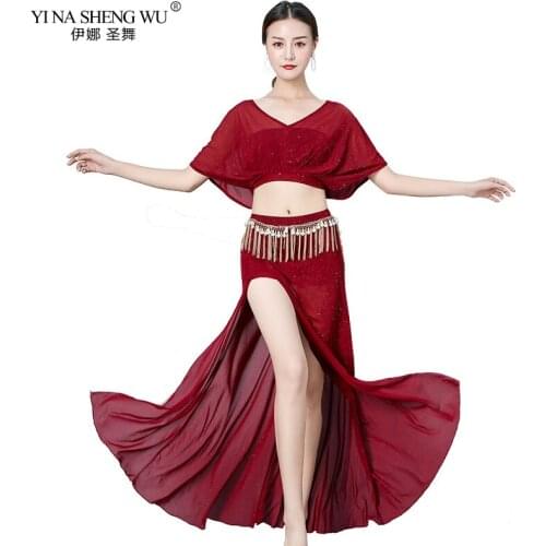 Women Belly Dance Costume Set Belly Dancing Clothes Side Slit Skirt Sexy fashion Girl Bellydance Wear Mesh Top Split Skirts