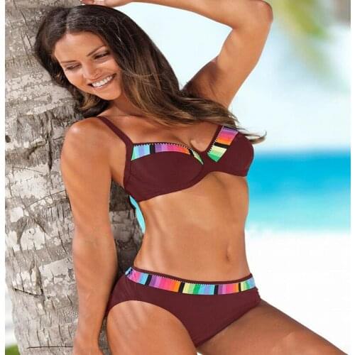 Storyever Summer Beach Patchwork Split Swimsuit High Waist Women Swimwear DeepV Sexy Bathing Suit Bikini Set