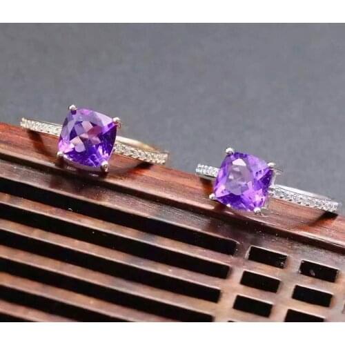 Natural amethyst Ring Natural gemstone Ring 925 sterling silver trendy Simple elegant square womens girl party Office Jewelry