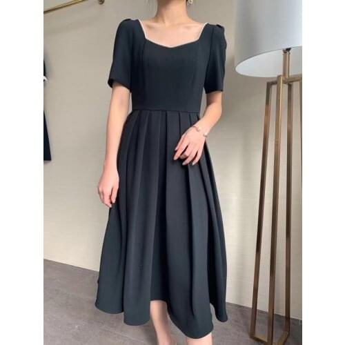 2021 New Summer Women Short Sleeve Beading Midi Pleated Dress Runway Vintage Elegant Work Casual Slim Sexy Party Dresses