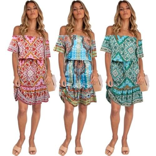 Witbuy Beach Boho Print Summer Dresses For Women 2021 Sexy Slash Neck Short Sleeve Loose A-Line Casual Women Dresses Vestidos