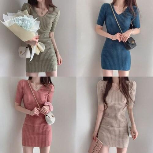 Korean Fashion Short Sleeve One Piece Woman Sweater Dress 2021 Summer Female Vintage Temperament Elegant Mini Knitting Dresses