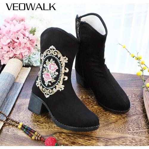 Veowalk Winter Women Embroidered Cotton Fabric Ankle Boots Black Block Heel Ladies Comfortable Booties Warm Fleece Lining Shoes
