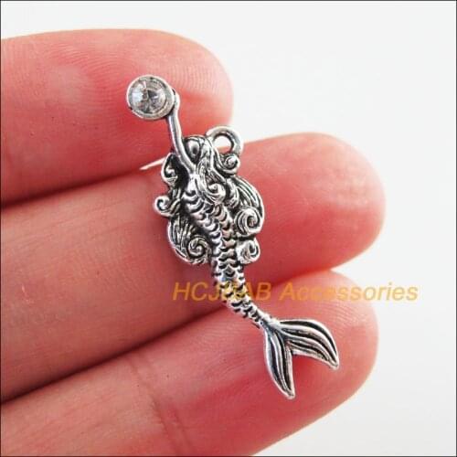 New 12Pcs Tibetan Silver Tone Retro Mermaid Clear Crystal Charms Pendants 10.5x32mm