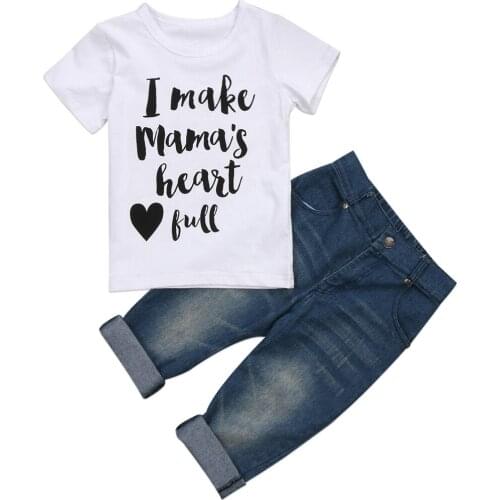 2Pcs Toddler Kids Boys Tops Mama Heart T-shirt Jeans Denim Pants Outfits Set Clothes