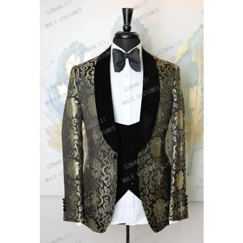 2020 Fashion Black Gold Jacquard Men Wedding Suits Velvet Shawl Lapel Groom Tuxedos Men Dinner Party Wedding Dress 3 Piece Suits