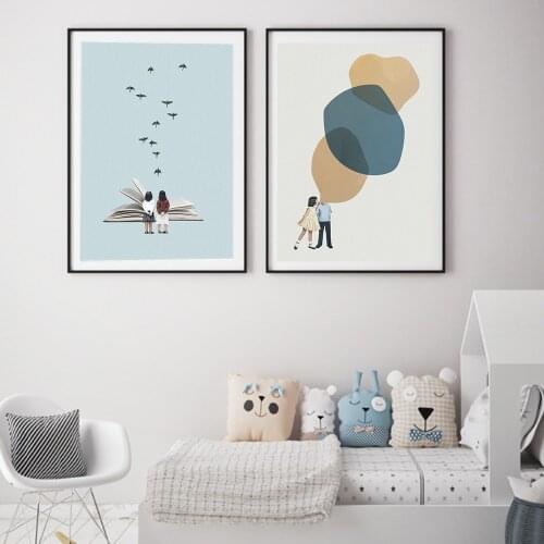 Nordic Abstract Poster Boy And Girl Read Big Books Canvas Paintings Wall Art Prints Pictures For Living Room Unique Home Decor