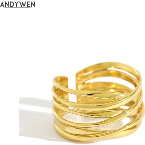 Andywen 925 Sterling Silver Gold Open Cross Circle Thick Resizable Rings Women Fashion Luxury Fashion Jewelry Wedding Party