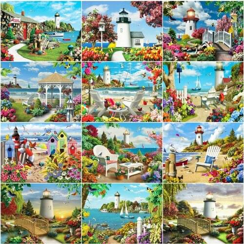 AZQSD Diamond Mosaic Lighthouse Garden Cross Stitch Picture Of Rhinestones Diamond Painting Kit Home Decor Needlework