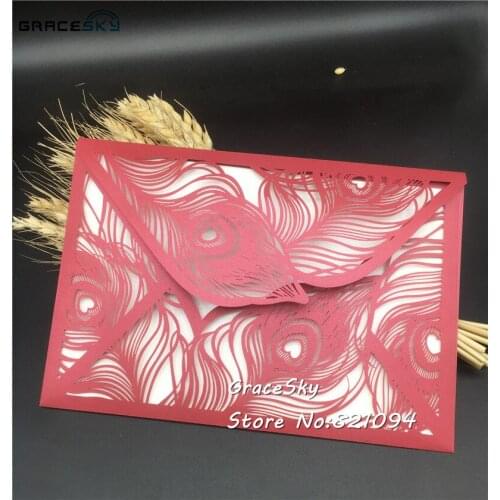 Free shipping 50pcs laser die cut plume wedding invitation cards feather design RSVP cards with text personalized