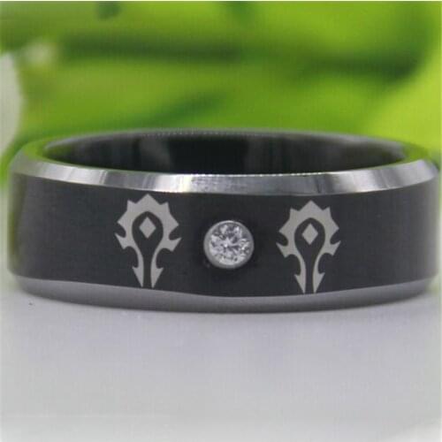 Free Shipping Top Quality World of Warcraft Horde Design 8MM Black Top Silver Bevel With Stone MensTungsten Wedding Band Ring